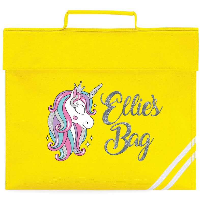 Glitter Unicorn Book Bag, Personalised Book Bag, Personalised Unicorn Book Bag, Custom Name Book Bag, Back To School, Personalised Text Yellow