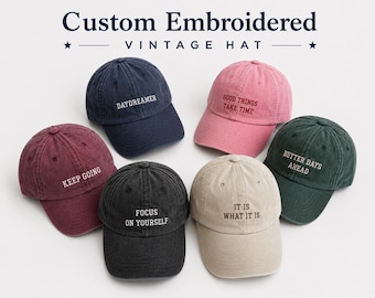 Personalised Embroidered Vintage Washed Baseball Cap, Personalised Hat Funny Text Hat, Custom Phrase Cap Adjustable Unisex Baseball Hat