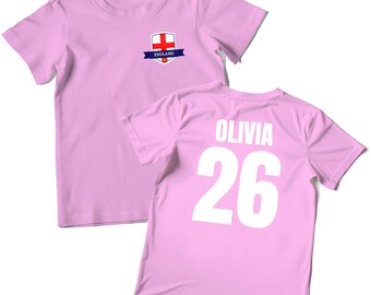 Custom England Football Pink T shirt For Kids, Personalised England Badge Kids T Shirt, Personalised Gifts For Sports Event