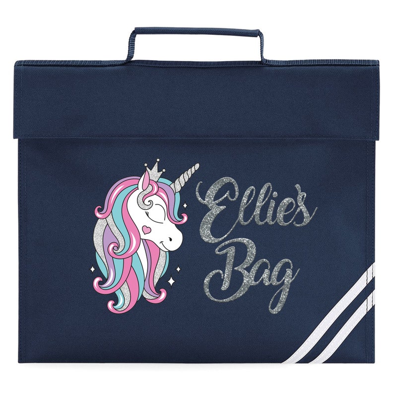 Glitter Unicorn Book Bag, Personalised Book Bag, Personalised Unicorn Book Bag, Custom Name Book Bag, Back To School, Personalised Text Navy Blue