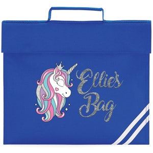 Glitter Unicorn Book Bag, Personalised Book Bag, Personalised Unicorn Book Bag, Custom Name Book Bag, Back To School, Personalised Text Royal Blue