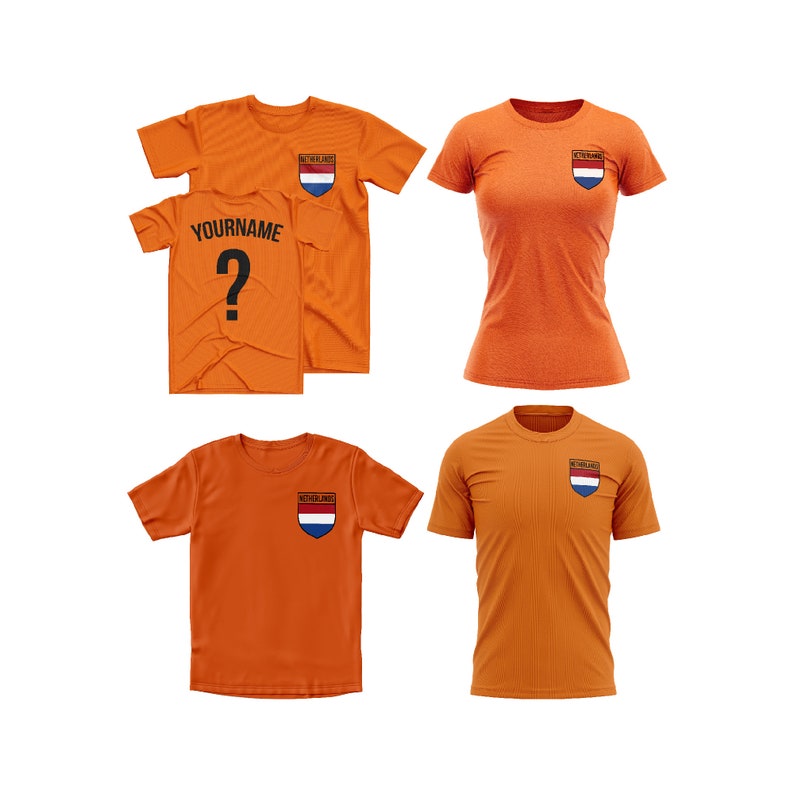 Pode incluir: Quatro camisetas laranja com a bandeira dos Pa&iacute;ses Baixos na frente. Uma camiseta tem o texto "YOURNAME" e um ponto de interroga&ccedil;&atilde;o nas costas.