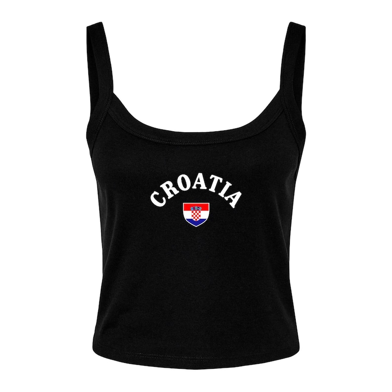 May include: Black tank top with wide straps. The word "CROATIA" is printed in white arched text across the chest, with the Croatian coat of arms below the text. The top is a cropped style.