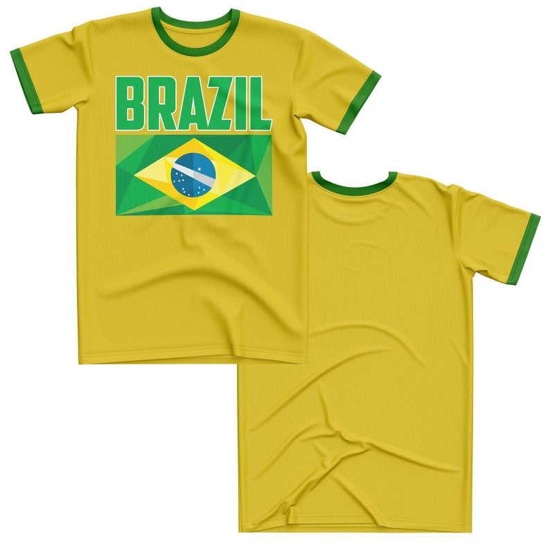 May include: Yellow t-shirt with a green and blue Brazilian flag and the word "BRAZIL" printed on the front. The shirt has a green and white ringer.