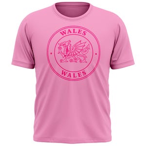 Girls Pink Wales T Shirt, Round Welsh Dragon Badge, Football Supporter Top, Youth Footballer Shirt, Welsh Dragon Shirt for Kids, Wales Tees