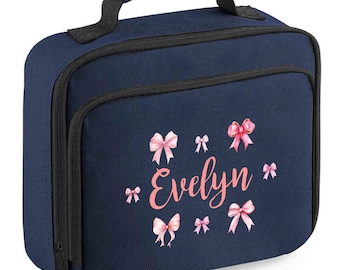 Lancheira personalizada para meninas, lancheira com laços rosa personalizados, lancheira de volta às aulas para creche, recepção, bebês, jovens e crianças