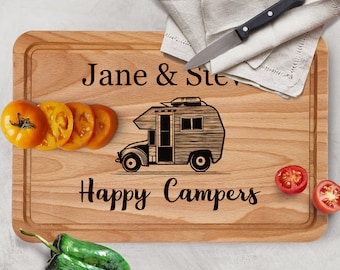 Personalised Camping Chopping Board, Happy Camper Gift, Campervan Chopping Board, Personalised Campervan Cheese Board