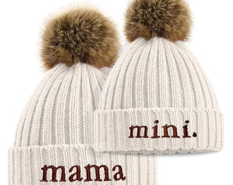 Set of Matching Mini & Mama Pom Pom Chunky Knit Beanie Hats Mother Daughter Mothers Day Outfit Gift