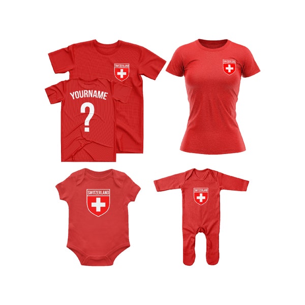 Switzerland Name And Number Supporters Outfit, Switzerland Football Top, Supporters Tee, Personalised, Customised T Shirt Babywear Him Hers