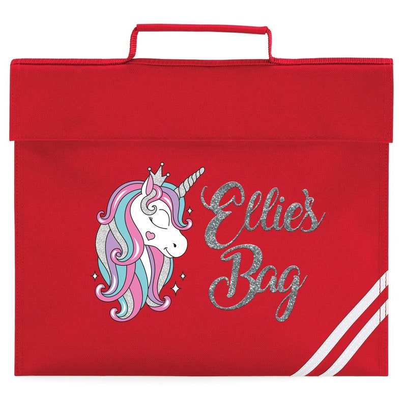 Glitter Unicorn Book Bag, Personalised Book Bag, Personalised Unicorn Book Bag, Custom Name Book Bag, Back To School, Personalised Text Red