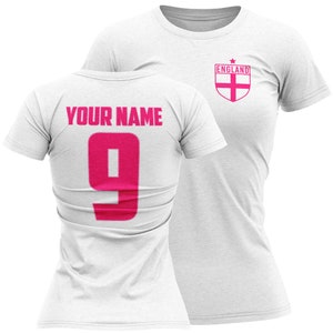 Custom Pink England Name and Number T shirt For Women, Personalised Womens Football T Shirt, Football Gifts For Country PINK TEXT
