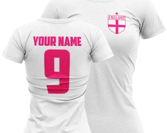 Custom Pink England Name and Number T shirt For Women, Personalised Womens Football T Shirt, Football Gifts For Country PINK TEXT