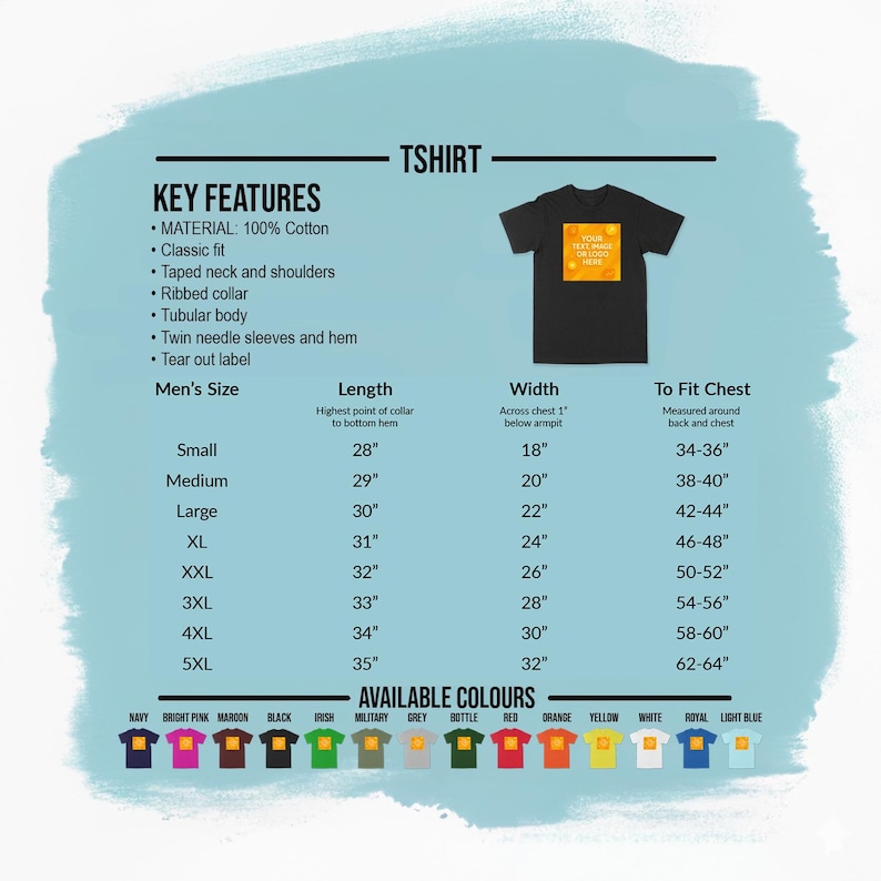May include: Black t-shirt with a blank orange square for text. The image includes a size chart with measurements in inches, key features, and available colors. The t-shirt is made of 100% cotton with a classic fit.