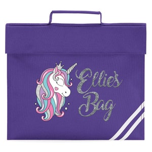 Glitter Unicorn Book Bag, Personalised Book Bag, Personalised Unicorn Book Bag, Custom Name Book Bag, Back To School, Personalised Text Purple