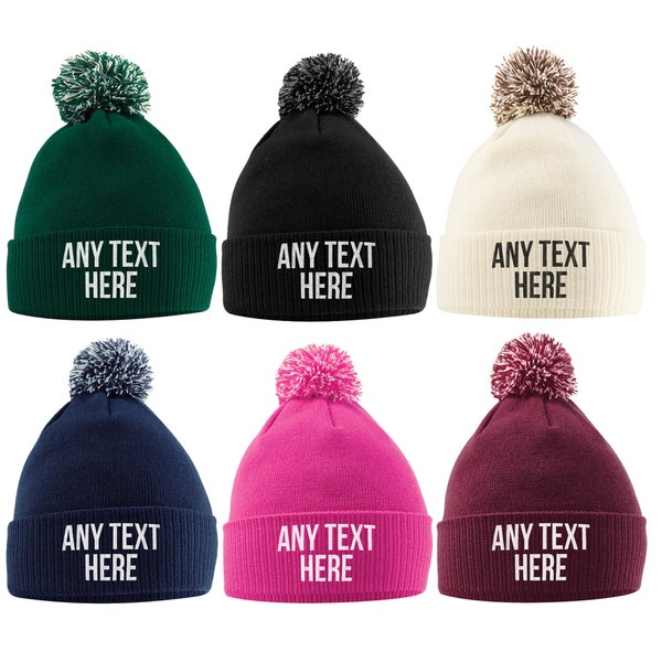 Personalised Embroidered Bobble Hat, Women's Embroidered Text Mens Embroidery Hat Any Colour Beanie Hat