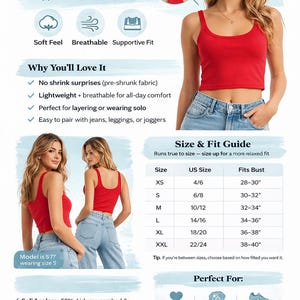 May include: A red micro rib strap tank top. The cropped tank is lightweight, breathable, and supportive. The tank is made of a soft fabric and is easy to pair with jeans, leggings, or joggers. The tank is available in sizes XS to XXL, with bust sizes ranging from 28 to 40 inches.