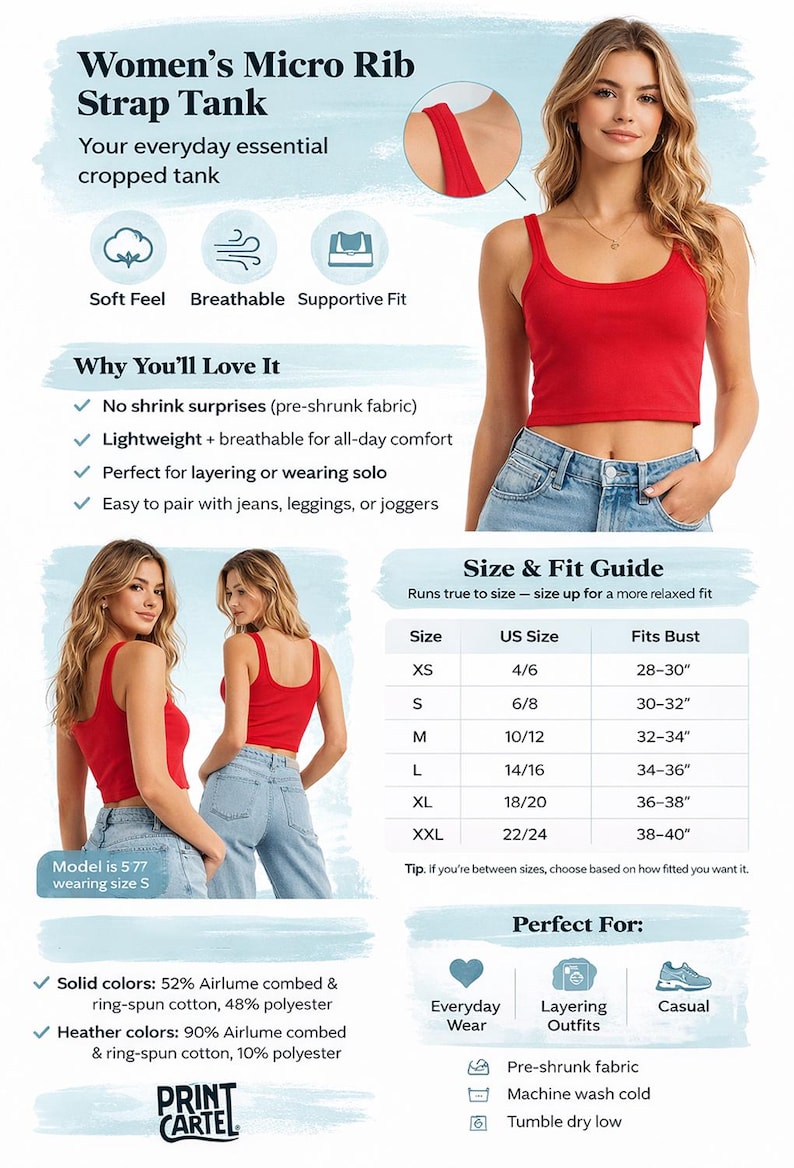 May include: A red micro rib strap tank top. The cropped tank is lightweight, breathable, and supportive. The tank is made of a soft fabric and is easy to pair with jeans, leggings, or joggers. The tank is available in sizes XS to XXL, with bust sizes ranging from 28 to 40 inches.