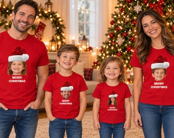 Custom Face Christmas TShirt, Personalised Santa Hat Matching Family Gift Idea, Personalised Christmas Face Tee
