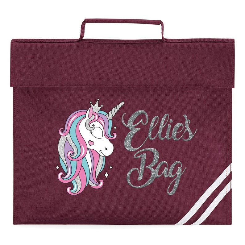 Glitter Unicorn Book Bag, Personalised Book Bag, Personalised Unicorn Book Bag, Custom Name Book Bag, Back To School, Personalised Text Burgundy