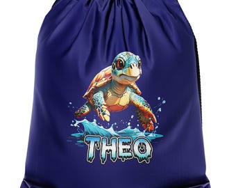 Ocean Explorer Drawstring Bag with Name, Custom Sea Turtle Backpack for Boys, Beach Day Sack, Kids Swim Bag, School or Travel Adventure Tote
