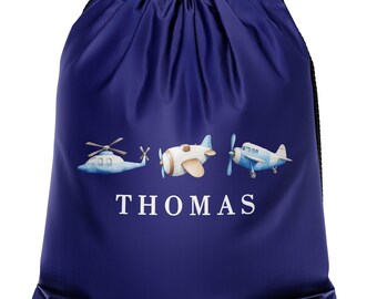 Boys Personalised Aviation Drawstring Bag, Planes Design With Custom Name, Back To School, Sports Gift, Birthday Present, Kids Youth Child