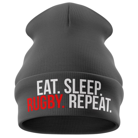 Eat Sleep RUGBY Repeat Funny Beanie Hat, EMBROIDERED Beanie, RUGBY