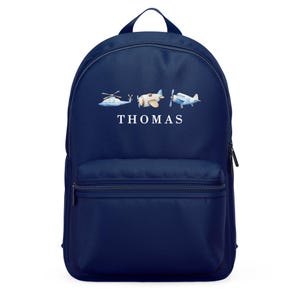 Personalised Kids Backpack with Name, Airplane and Helicopter Theme, Custom Navy Blue School Bag for Boys, Toddlers and Preschool Travel Fan