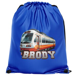 Personalised Train Drawstring Bag, Custom Name Locomotive Backpack, Railway Attack Sack, Kids School PE Bag, Boys Gift, Transport Power Tote