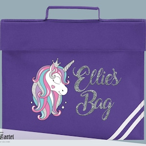 Glitter Unicorn Book Bag, Personalised Book Bag, Personalised Unicorn Book Bag, Custom Name Book Bag, Back To School, Personalised Text image 1