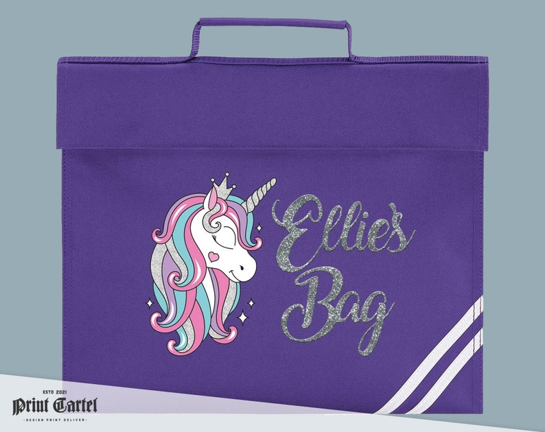 Glitter Unicorn Book Bag, Personalised Book Bag, Personalised Unicorn Book Bag, Custom Name Book Bag, Back To School, Personalised Text image 1