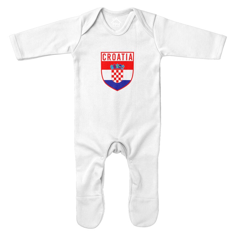 May include: White baby onesie with long sleeves and snaps at the crotch. The onesie has a red and blue Croatian flag with the word "CROATIA" printed above it.