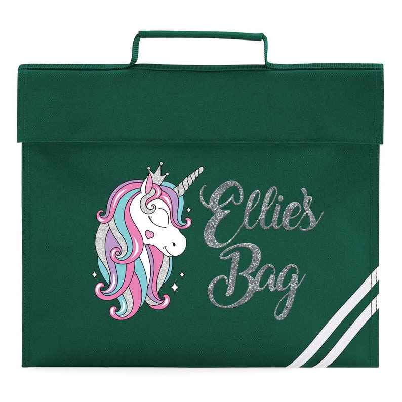 Glitter Unicorn Book Bag, Personalised Book Bag, Personalised Unicorn Book Bag, Custom Name Book Bag, Back To School, Personalised Text Green