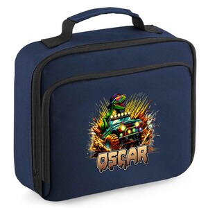 Personalised Dinosaur Boys Lunch Bag, Dino Truck Design, Custom Bags with Printed Name, Back to School Lunch Bag for Nursery, Toddlers, Kids