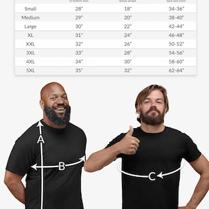 May include: A size chart for a t-shirt, showing the length, width, and chest measurements for different sizes. The chart includes sizes from Small to 5XL. The measurements are in inches.