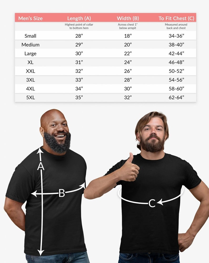 May include: A size chart for a t-shirt, showing the length, width, and chest measurements for different sizes. The chart includes sizes from Small to 5XL. The measurements are in inches.