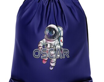 Personalised Kids Drawstring Bag, Custom Name Backpack with Astronaut Design, PE Bag for School, Nursery, Gym, Boys Gift, Space Theme Bag