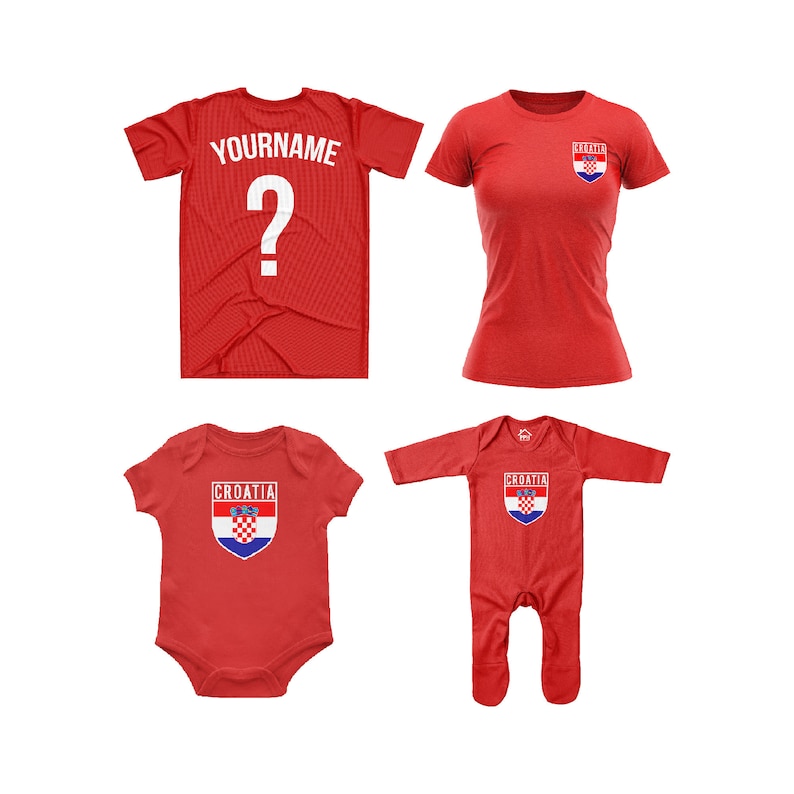 May include: Red t-shirts with the Croatian flag on them. The shirts are for adults and babies. The adult shirts have the word "YOURNAME" on the back.