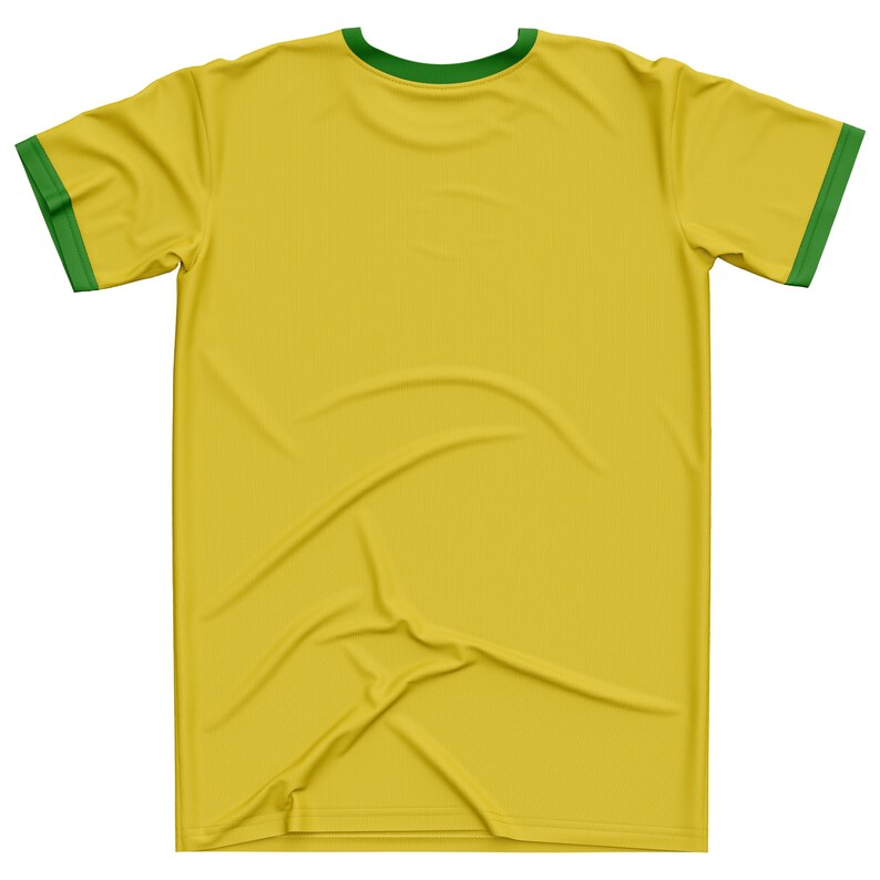 May include: A yellow t-shirt with green trim around the neck and sleeves. The shirt is made of a soft, comfortable material and has a relaxed fit.