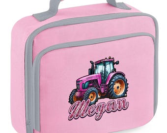 Girls Personalised Tractor Lunch Bag, Pink Tractor Farming Design, Custom Name Lunch Bag, Nursery Lunch Bags for Kids, Girly Theme Lunch Bag