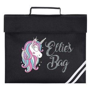 Glitter Unicorn Book Bag, Personalised Book Bag, Personalised Unicorn Book Bag, Custom Name Book Bag, Back To School, Personalised Text Black