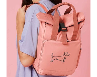 Embroidered Dachshund Mini Roll Top Backpack Women