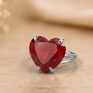 Red Heart Garnet Ring, Large Heart Cut Garnet Solitaire, 925 Sterling Silver Split Shank Statement Ring, Valentine's Day Gift Idea