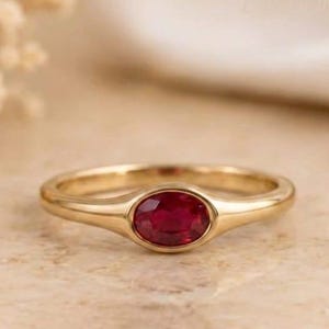 Minimalist Ruby Signet Ring, 14k Gold Oval Ruby Ring, Dainty Red Gemstone Ring for Women, Stacking Band, July Birthstone Jewelry Gift