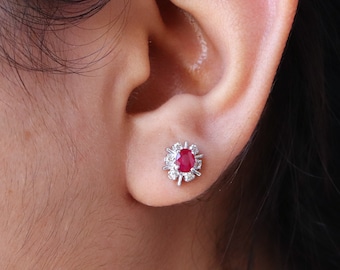 Ruby & Diamond Studs, Silver Studs, July Birthstone, Anniversary Gift For Wife, Dainty Earrings, Sterling Silver, Oval Gemstone Studs