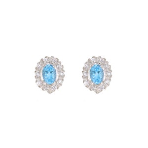 Blauwe Topaas Studs Oorbellen, Blauwe Ovale Edelsteen, Sterling Zilveren Sieraden, December Birthstone, , Tiny Oval Russian Lock Studs, CZ Blue Topaz