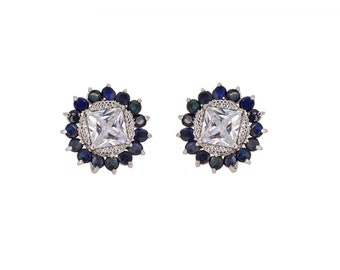 925 Zilver Handgemaakte Blauwe saffier en CZ Diamond Earring studs, CZ Sapphire Studs, Vintage Earring, September geboortesteen, blauwe saffier