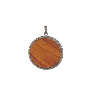 pave diamond pendant made of wood and 925 sterling silver, wooden pendant, silver necklace, simple round shape pendant