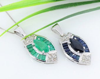 Natural Emerald And Sapphire Gemstone Pendant, 925 Sterling Silver Pendant, Multi Shape Pendant, September And May Birthstone Pendant