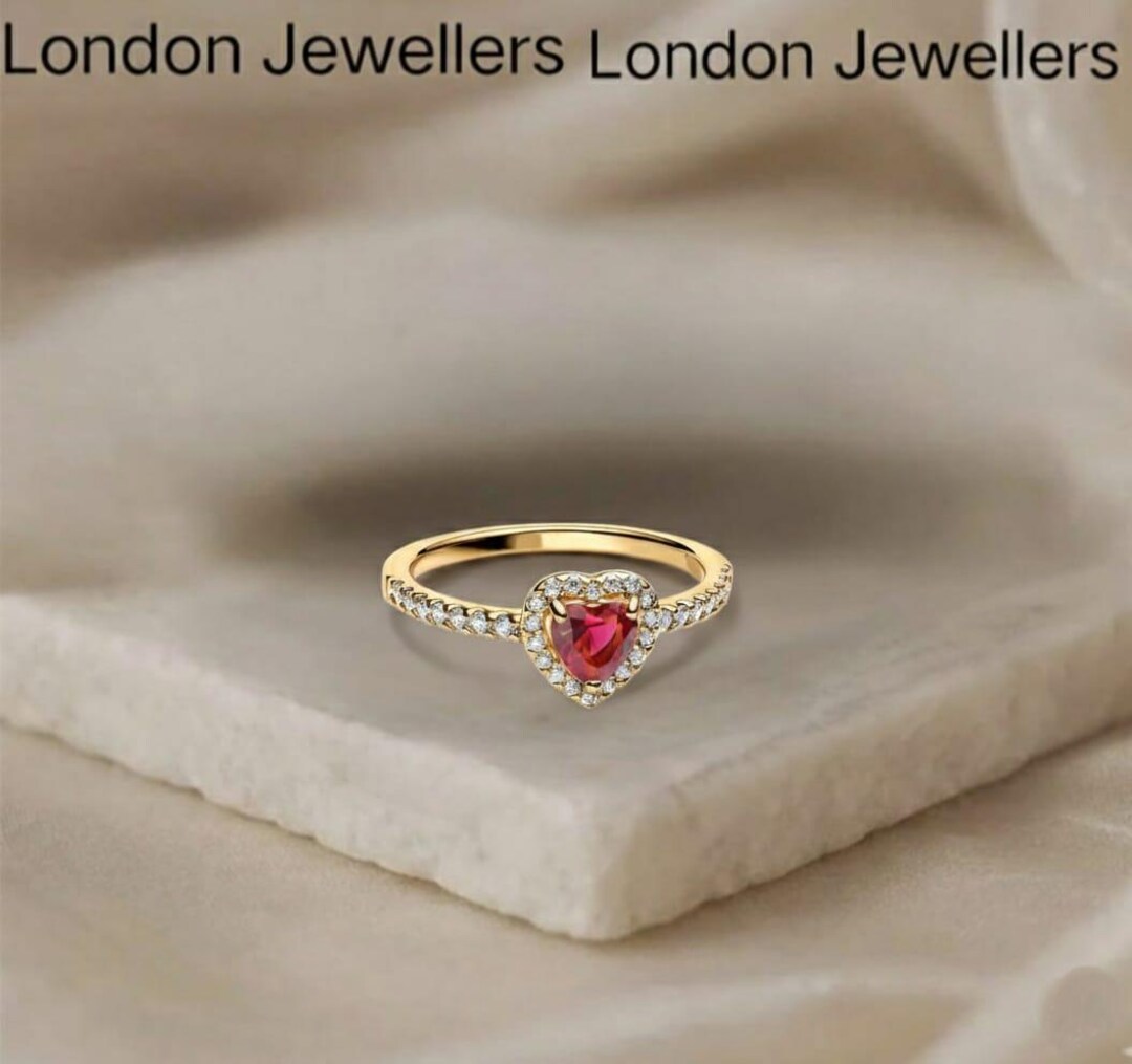 Heart Shaped Ruby Ring in 14k Yellow Gold, Diamond Halo Anniversary ...