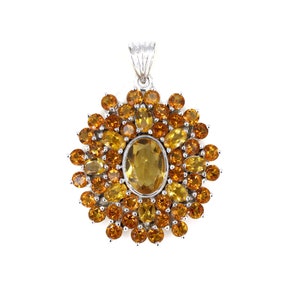 Beautiful Designer, Light Citrine & Dark Citrine Pendant, Oval and Round cut Stones, Center Oval Shape Checkered cut Necklace
